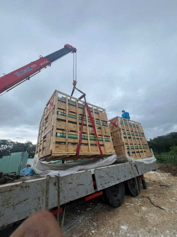 Cẩu trục nâng hàng hóa lên xe tải tại công trường xây dựng